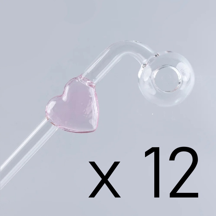 Dozen Pack Pink Love Heart Sweet Puff Glass Pipe 14cm